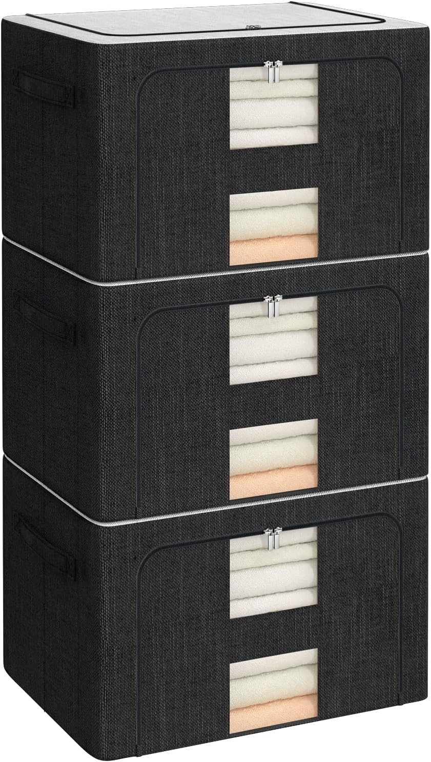FAikhom 3 Pack Clothes Storage Bins Stackable Storage Box Large Capacity Foldable Metal Frame Storage Container Organizer with Mesh Window and Carrying Handles (19.7x15.7x12.6inch(66L), Black)