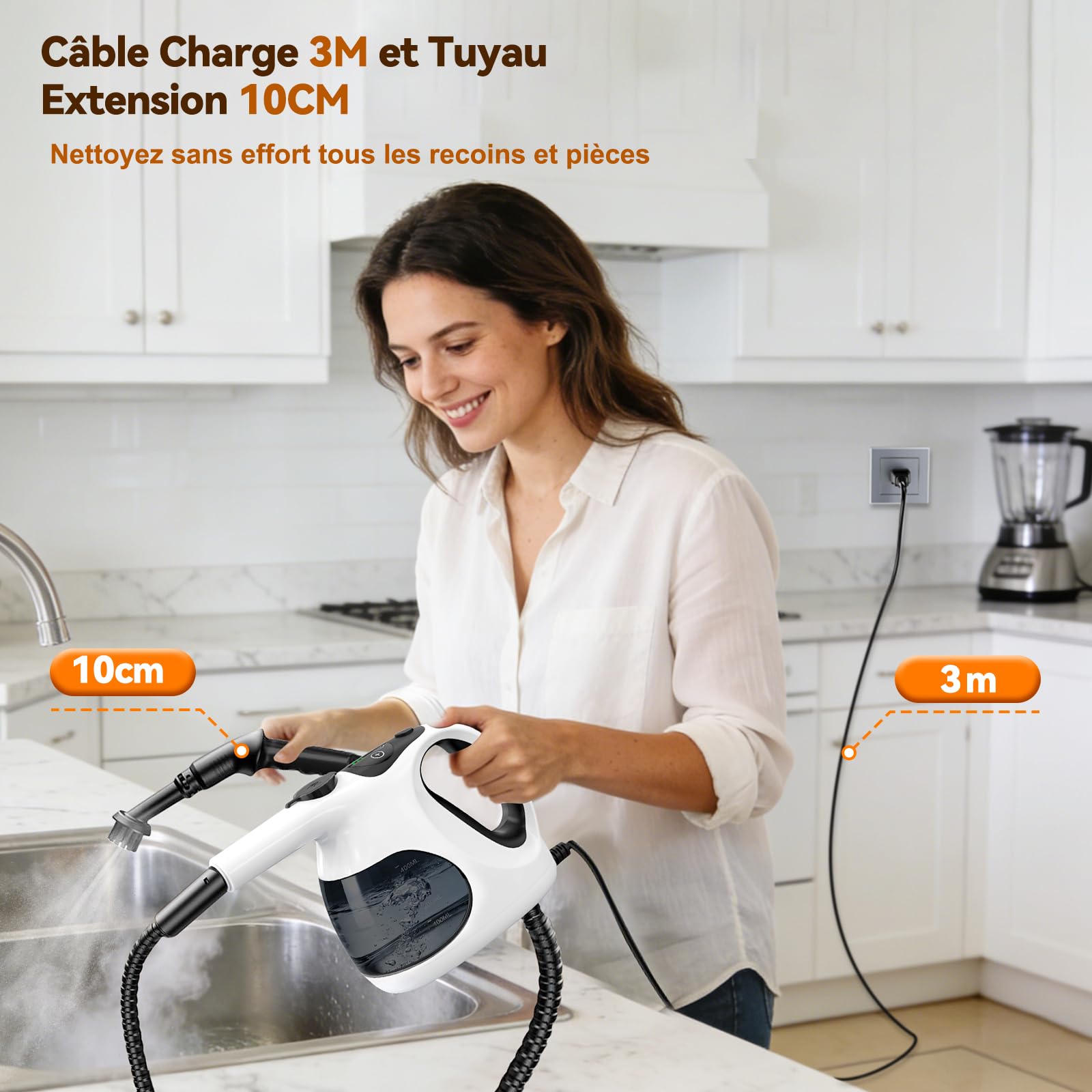 Nettoyeur Vapeur à Main 5S Chauffe Rapide, Steam Cleaner Poids Optimisé (Seulement 0.92 kg), 400ML Réservoir Transparent (Remplissage Facile),avec 10 Accessoires