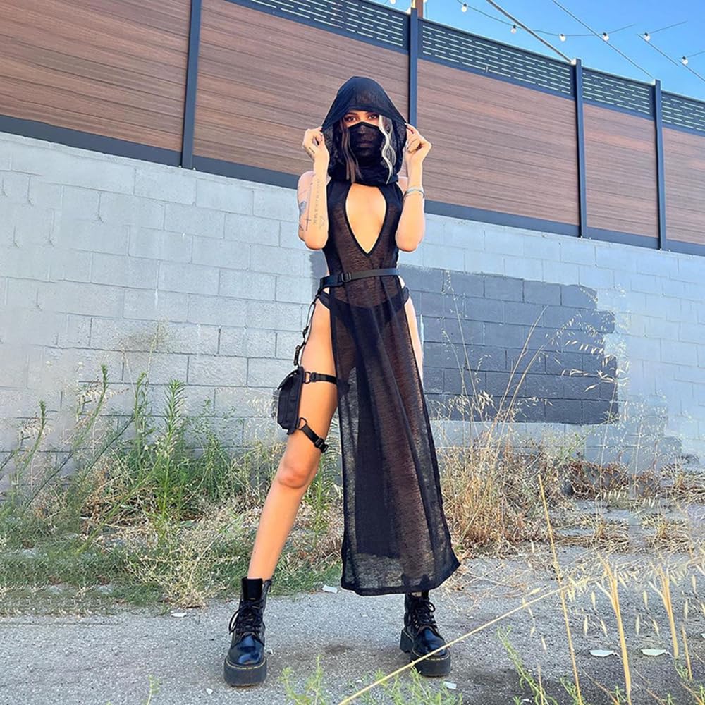 Sexy Cover Ups for Swimsuit Mock Neck Bikini Coverups High Split Dress with Hooded: Black X-Small-Small