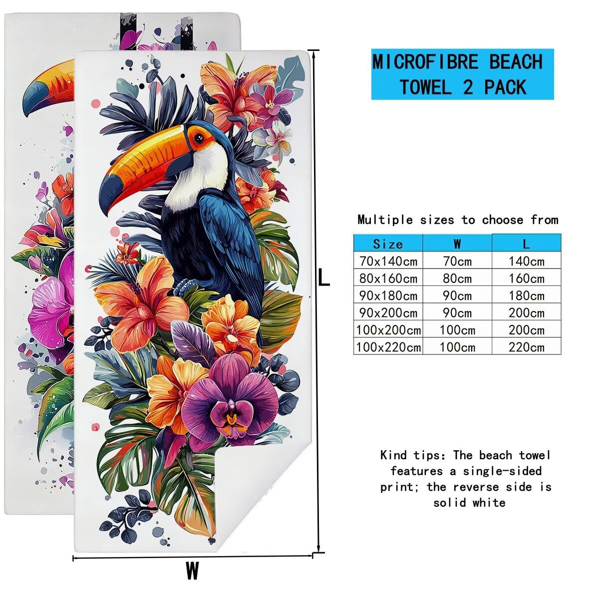 Ręcznik plażowy z mikrofibry, duży ręcznik kąpielowy 100 x 220 cm, zestaw 2 szt. szybkoschnących prześcieradeł kąpielowych dla ptaków, odporne na piasek ręczniki plażowe z mikrofibry do podróży