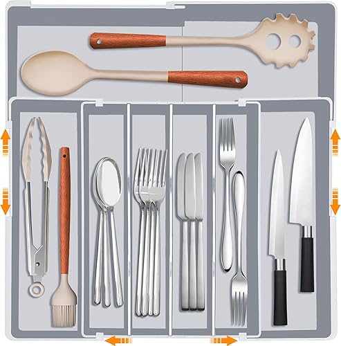 Organizador de cajones de cubiertos para cocina, organizador de cajones ajustable para utensilios, bandeja de cubiertos y cubiertos, almacenamiento