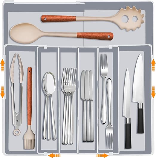 Silverware Drawer Organizer for Kitchen - Adjustable Utensil Holder Drawer Organizer, BPA Free Flatware and Cutlery Tray, Expandable Plastic Storage for Spoons Forks Knives, Grey