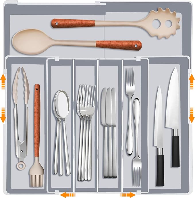 Silverware Drawer Organizer for Kitchen - Adjustable Utensil Holder Drawer Organizer, BPA Free Flatware and Cutlery Tray, Expandable Plastic Storage for Spoons Forks Knives, Grey