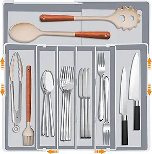 Silverware Drawer Organizer for Kitchen - Adjustable Utensil Holder Drawer Organizer, BPA Free Flatware and Cutlery Tray, Expandable Plastic Storage for Spoons Forks Knives, Grey