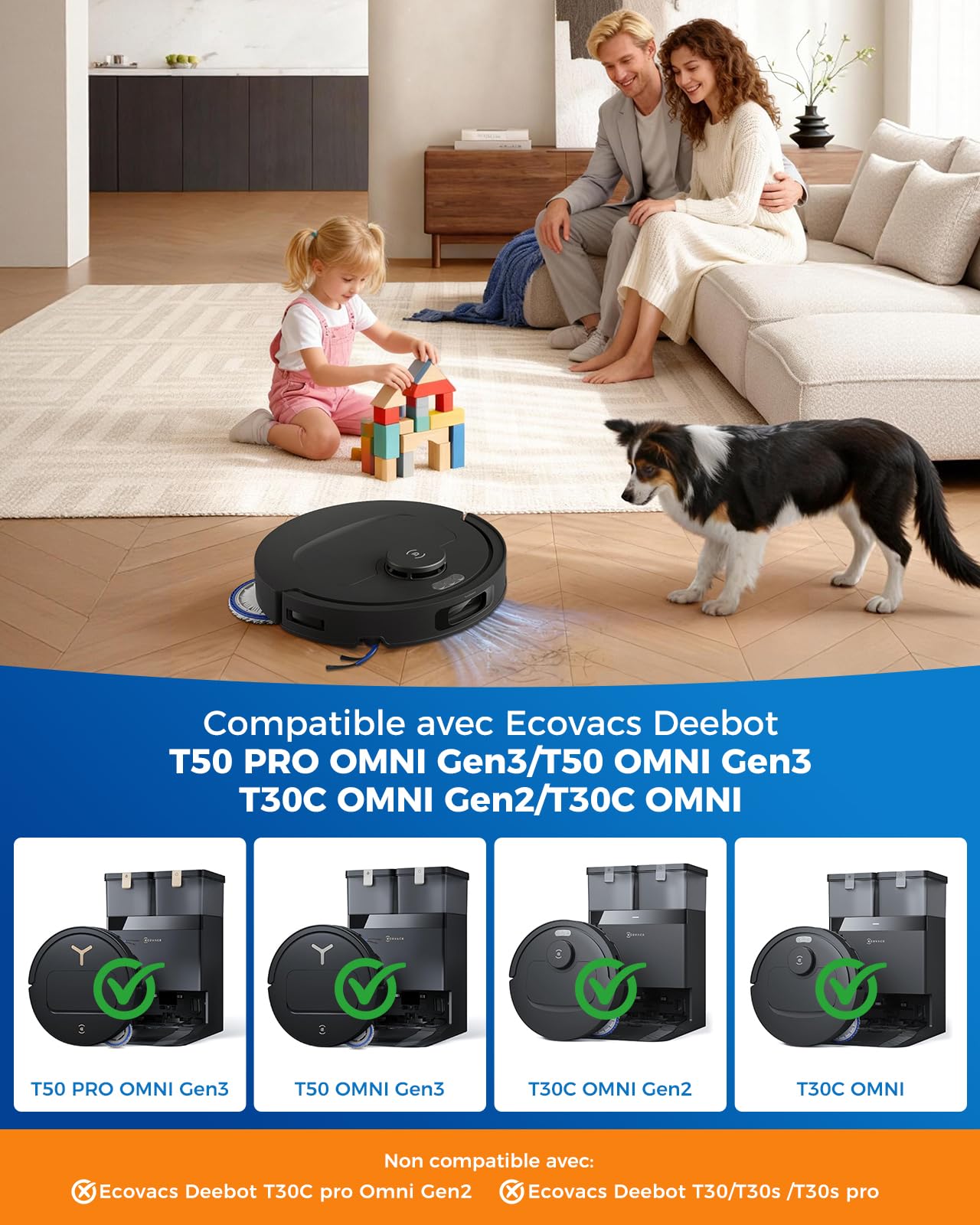 T50 OMNI Gen3 Accessoires pour Ecovacs Deebot T50 PRO OMNI Gen3/T30C Omni/T30C Omni Gen2,27 Pièces:1 Brosse Principale,6 Brosses Latérales,6 Sacs à Poussière,4 Filtres HEPA,8 Lingettes de Nettoyage