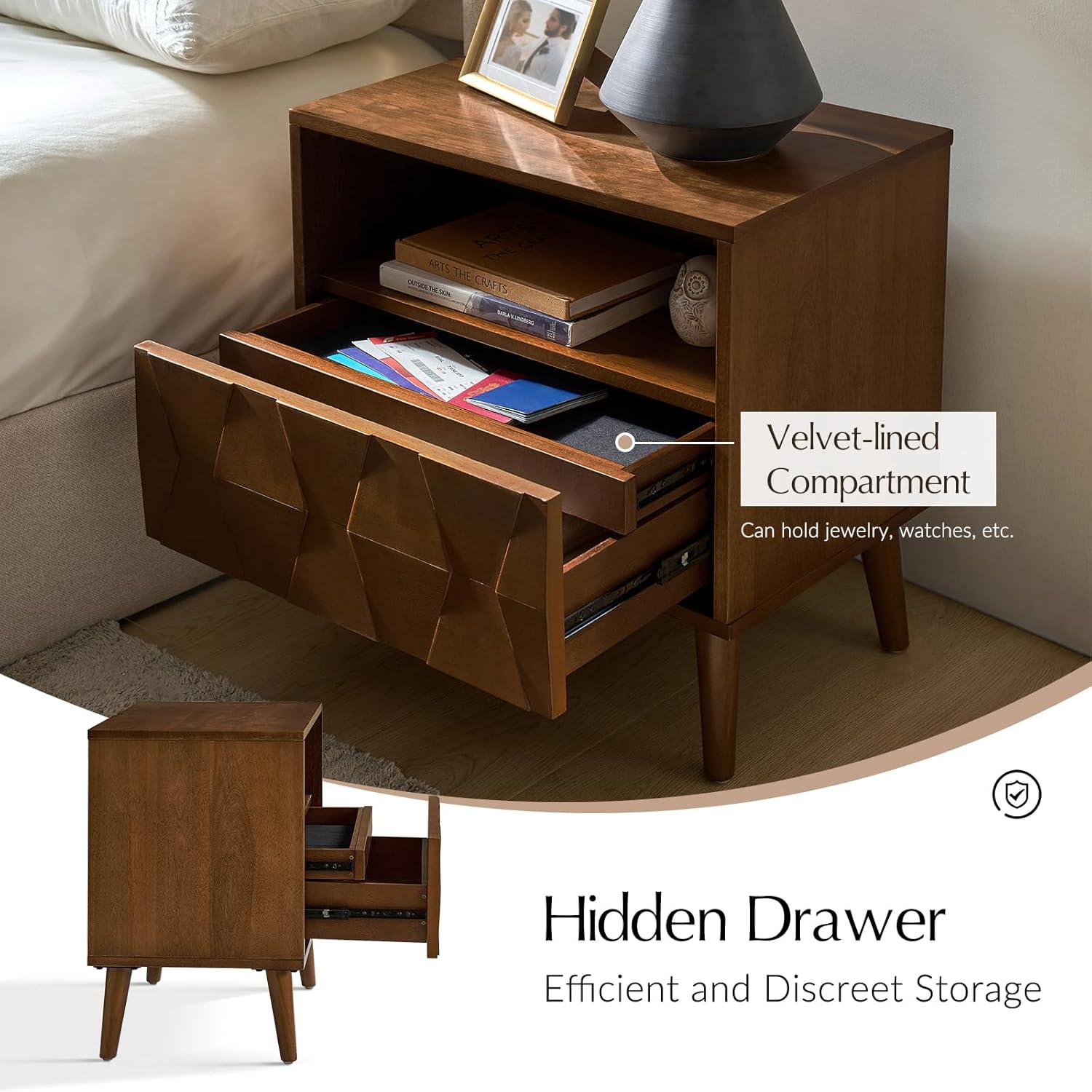 HULALA HOME Mid Century Modern Nightstand with Solid Wood Legs,Drawer Organizer with Charging Station, Geometric Pattern Nightstand Set of 2, Walnut