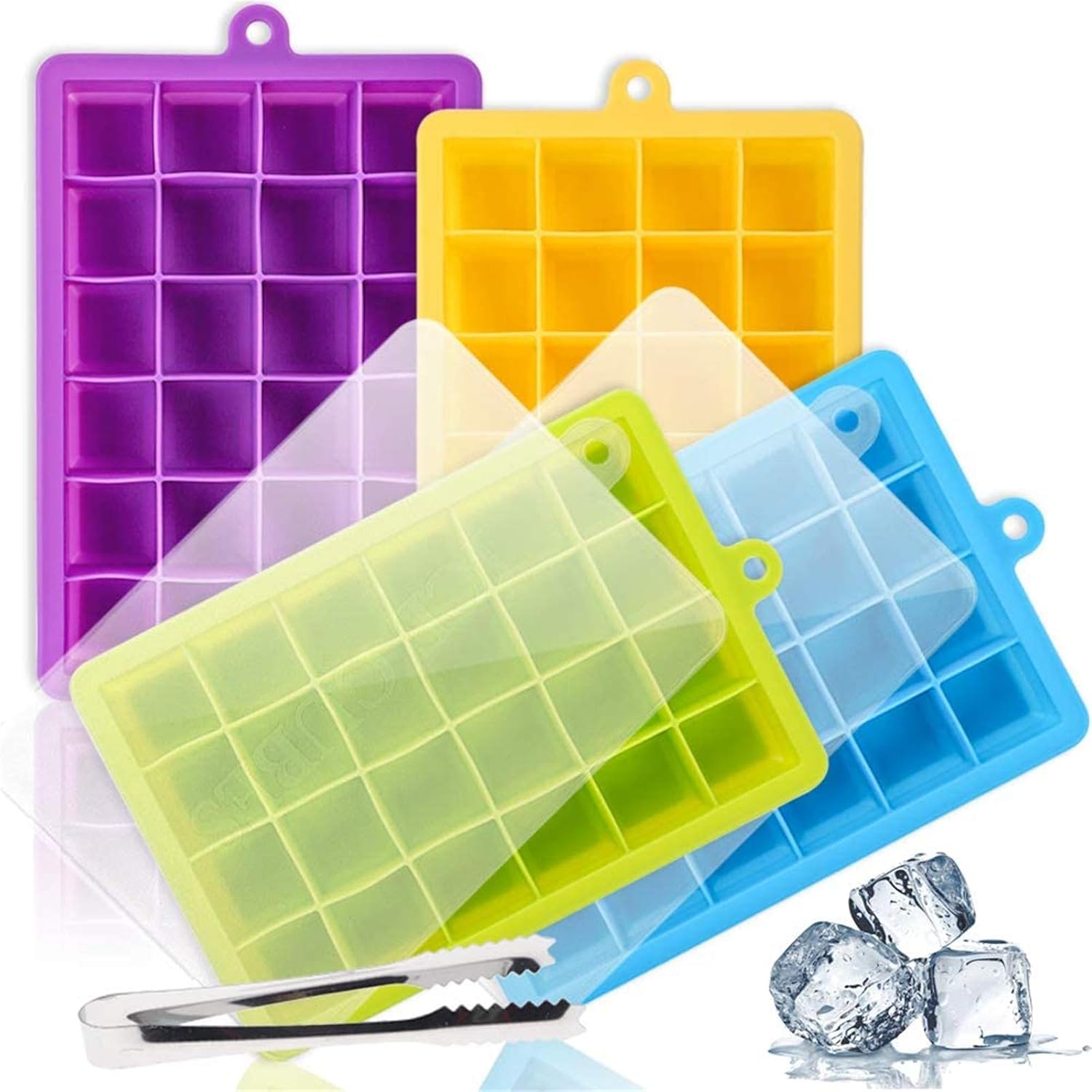 BAKHUK 4pcs Silicone Ice Cube Trays with Lid, 24 Cavity Stackable Ice Mold with Ice Cube Clamp for Cocktail Whiskey