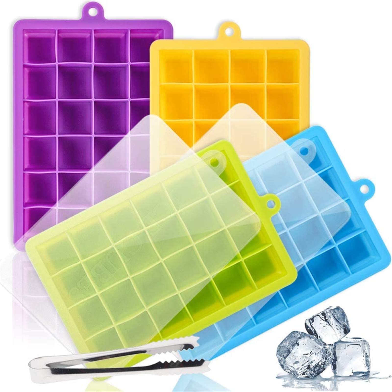 BAKHUK 4pcs Silicone Ice Cube Trays with Lid, 24 Cavity Stackable Ice Mold with Ice Cube Clamp for Cocktail Whiskey