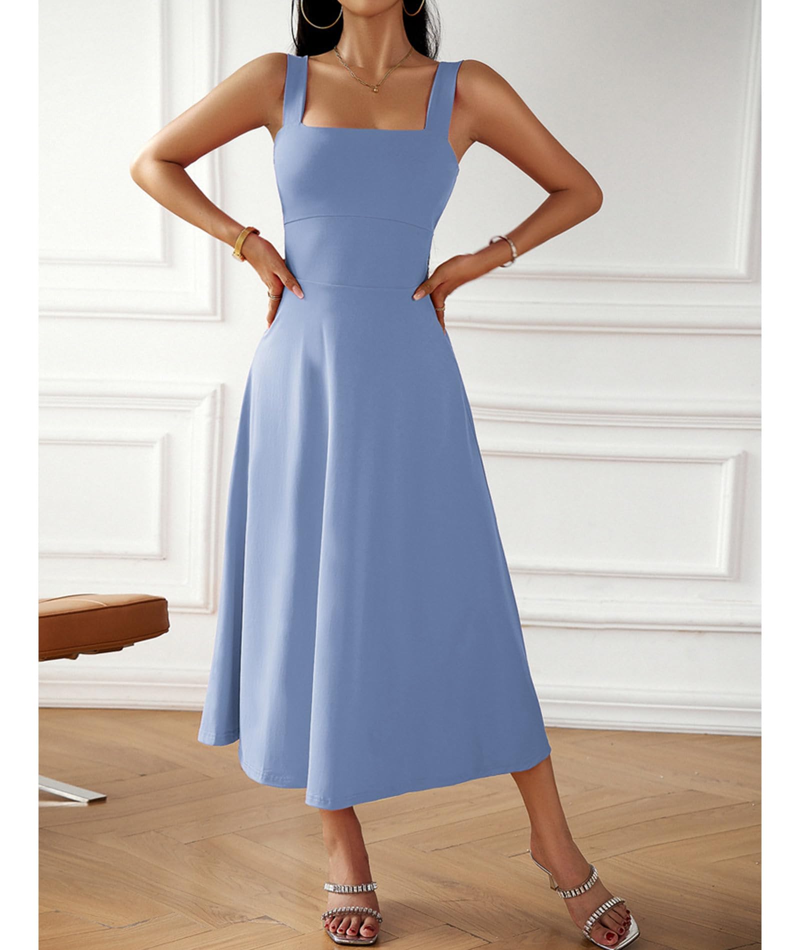 xxxiticat Mujer Elegante Vestido Midi 2024 Casual Sin Mangas Cuello Cuadrado Línea A Vestido de Cóctel Fiesta