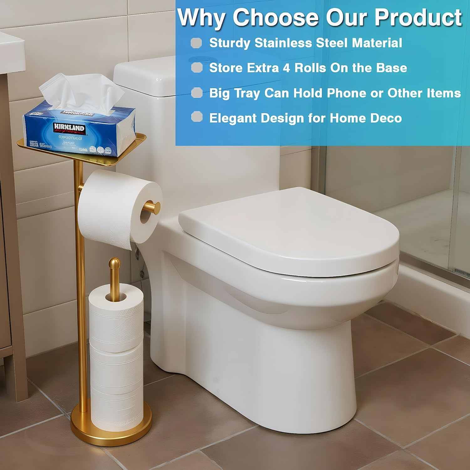 Gold Toilet Paper Holder with Shelf, Freestanding Tissue Holder Stand with Storage Space for Extra 4 Toilet Paper Rolls (Stainless Steel Base, Gold)