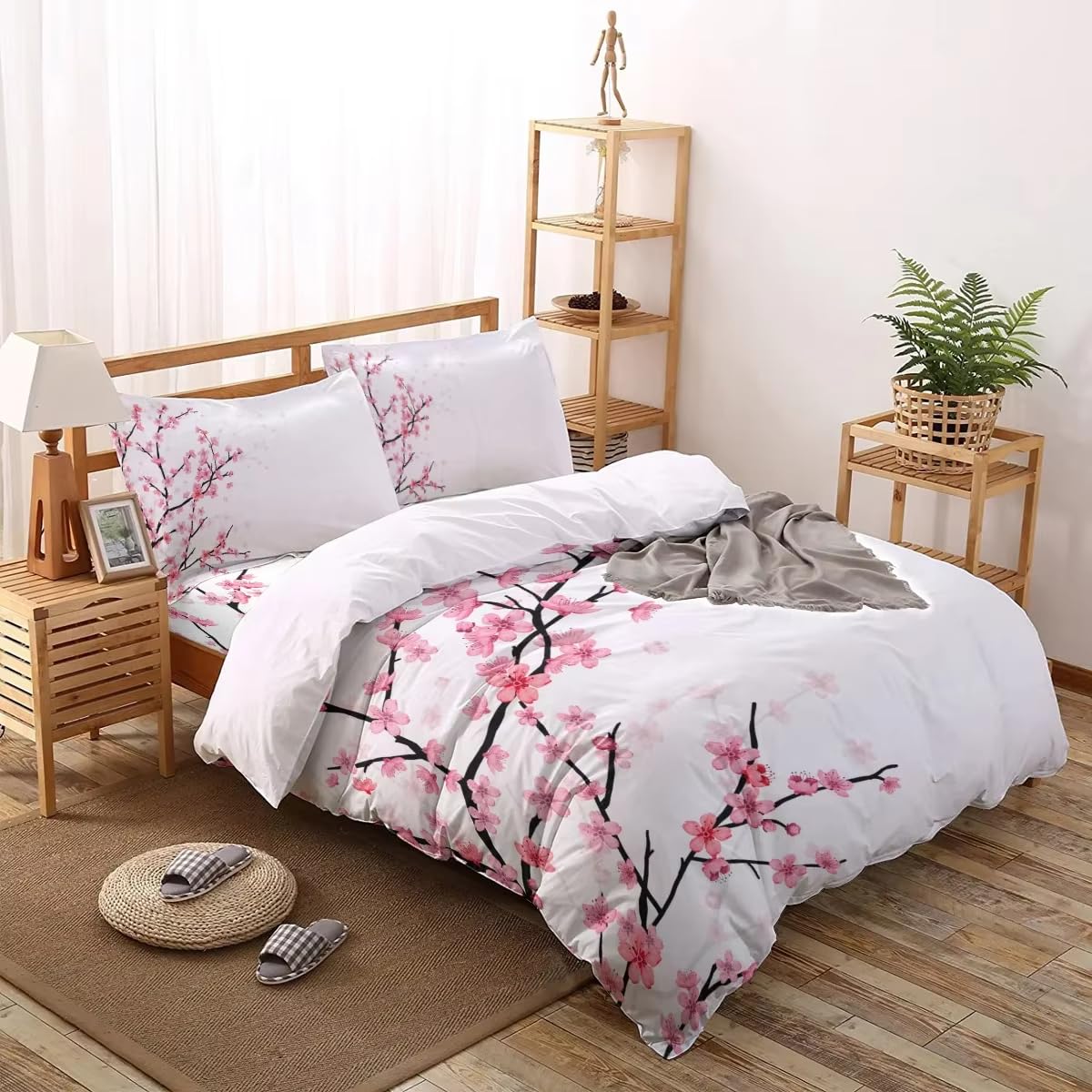 Parure de lit Sakura rose 240x260 cm avec 3 pièces motif branches