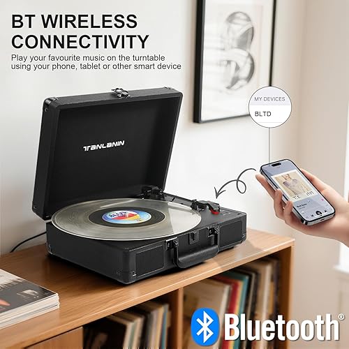 Miniatura 2 de Tocadiscos portátil con Bluetooth, tocadiscos de 3 velocidades con transmisión por correa, tocadiscos de maleta con altavoces estéreo incorporados,