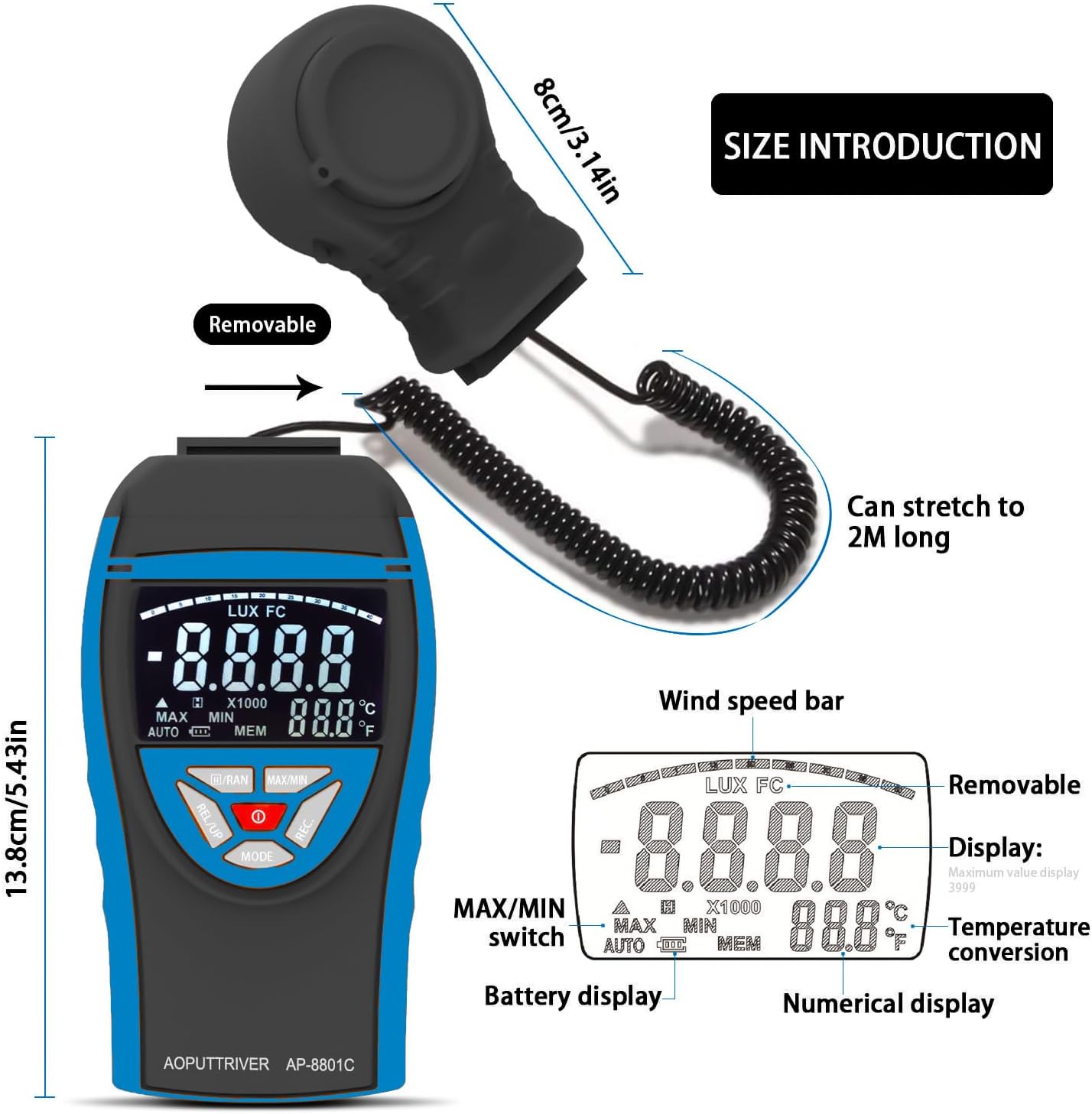 Light Meter, 8801C Digital Lux Meter 1–400,000 Lux Split Sensor Light Meter with Temperature Measurement