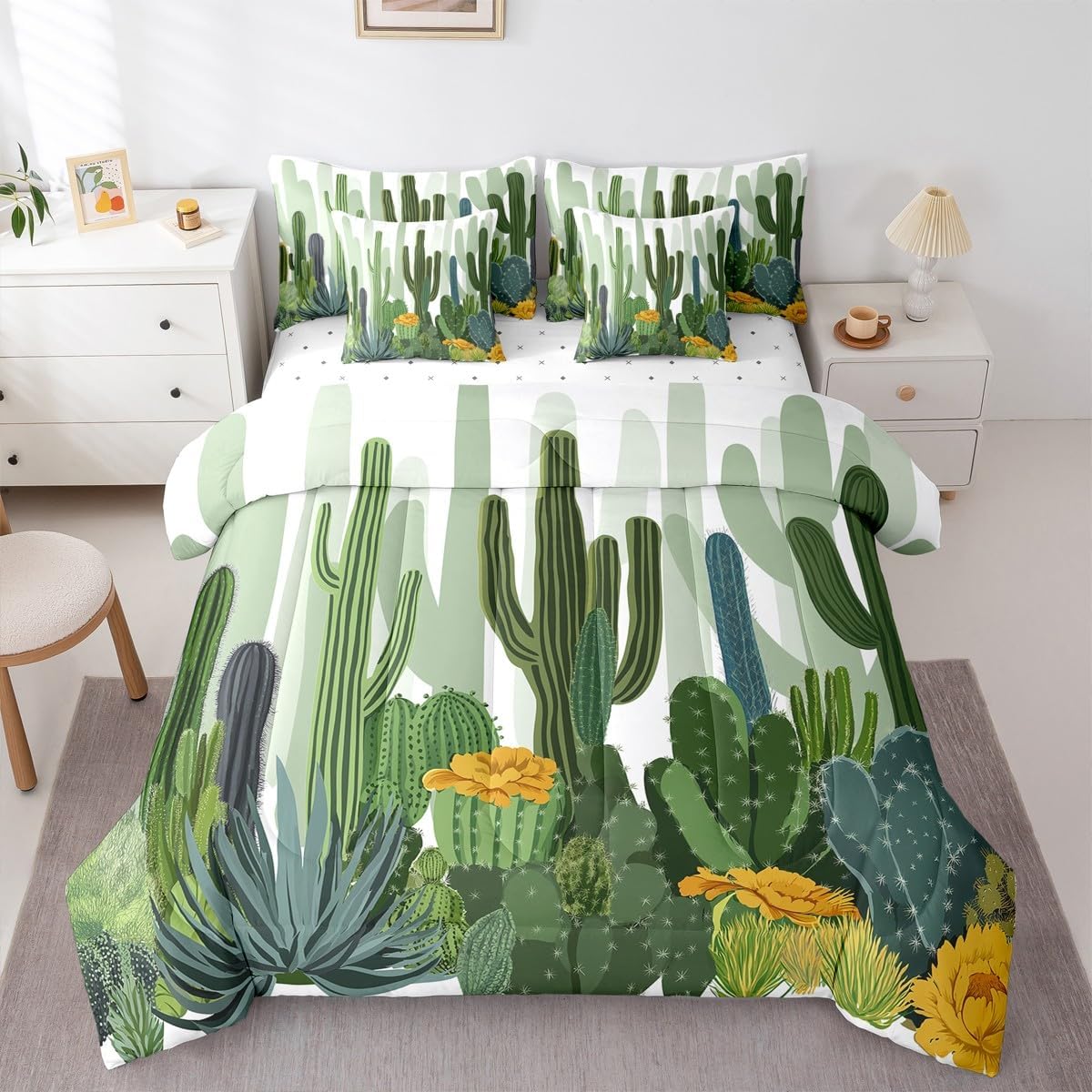 Erosebridal Cactus Comforter Set Prickly Pear Bed in A Bag Queen Size 7 Pieces Desert Plant Flower Bed Set Botanical Green Leaves Garden Style Bedding