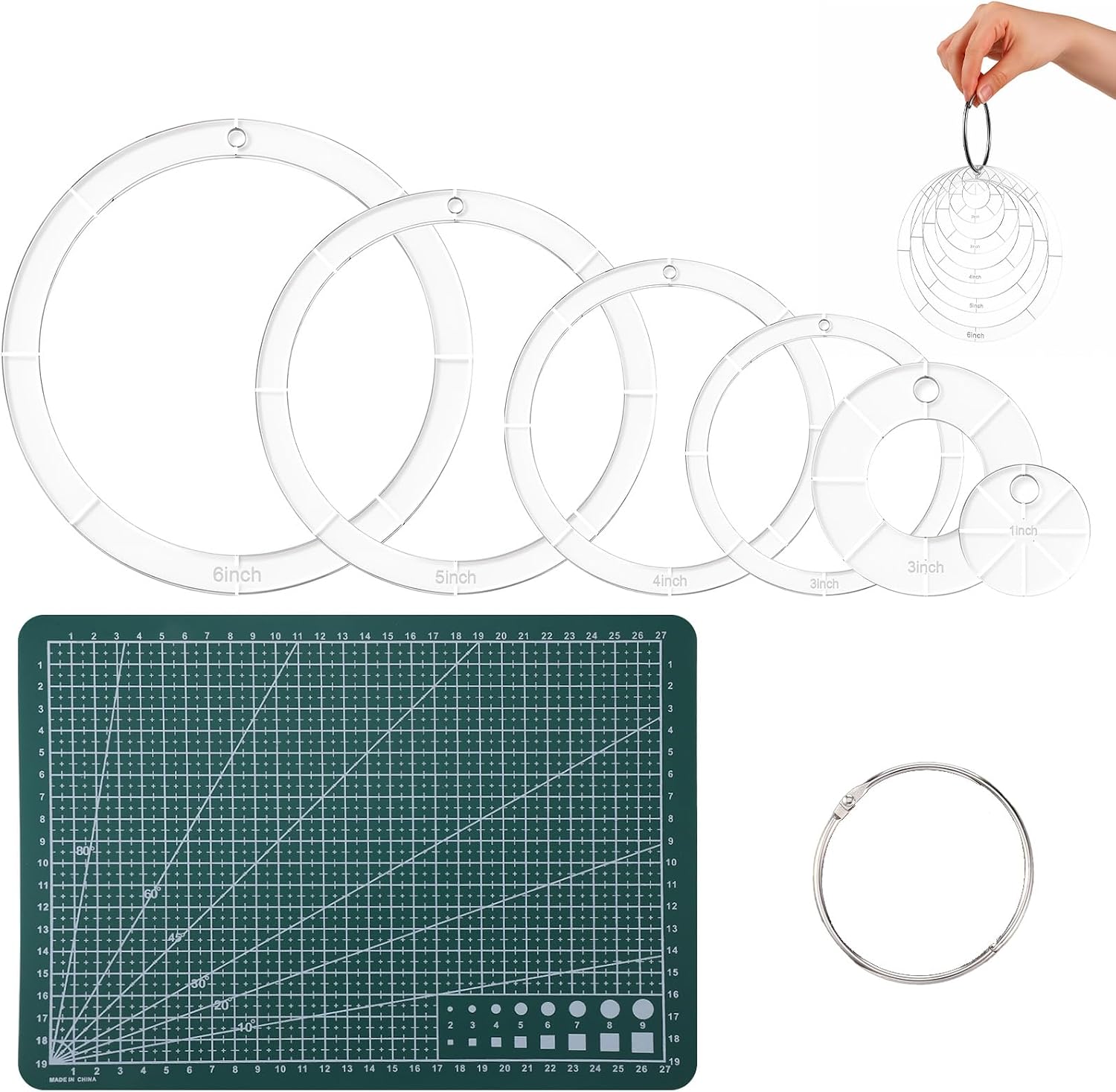 6 PCS Clear Acrylic Circle Template Set 1/2/3/4/5/6 Inch Quilting Templates Circle Stencil Ruler with Binder Hinged Rings for Patchwork DIY Crafts Decoration Scrapbooking