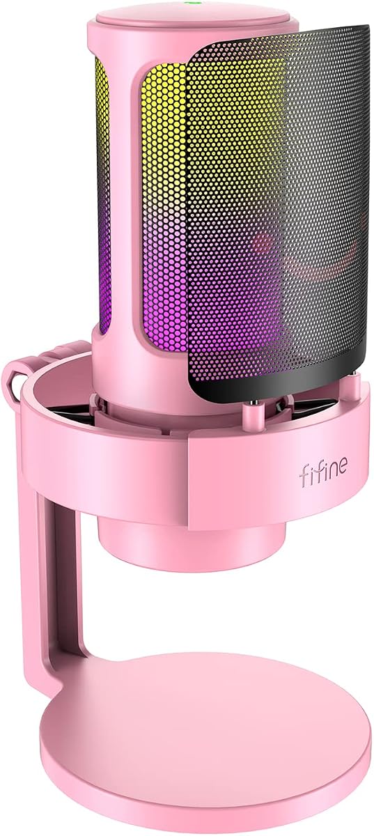 FIFINE A8 Pink Gaming USB Microphone, Condenser Desktop Mic for PC PS4/5 | Quick Mute, Gain Knob, 3.5mm Headphone Jack, Pop Filter, Shock Mount, for Streaming Home use YouTube Discord Twitch Podcasts