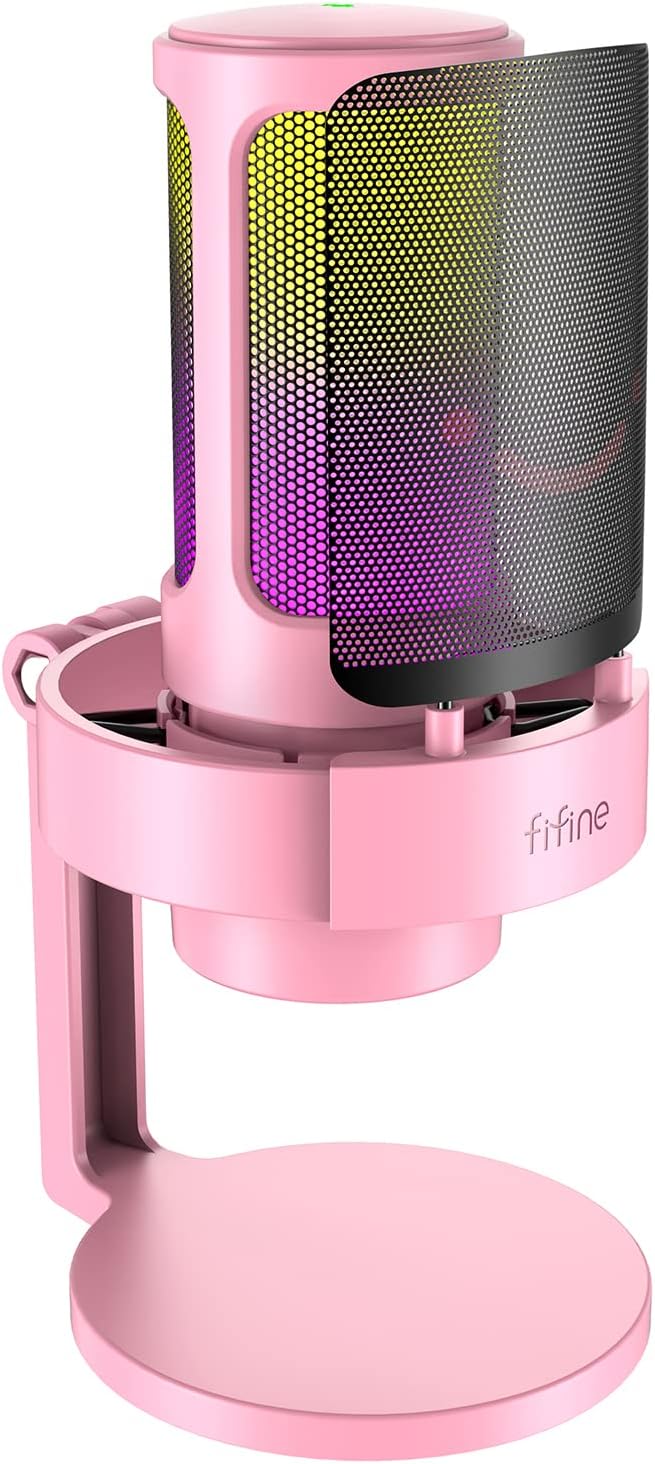 FIFINE USB Streaming Gaming Microphone, PC Condenser Desktop Mic for Video, Home use, YouTube, with RGB Control, Gain Knob, 3.5mm Headphone Jack, Shock Mount, on Computer/PS4/PS5-AmpliGame A8 Pink