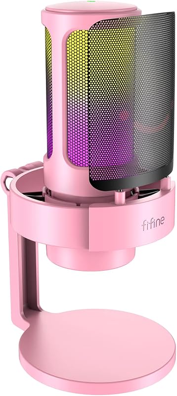 FIFINE A8 Pink Gaming USB Microphone, Condenser Desktop Mic for PC PS4/5 | Quick Mute, Gain Knob, 3.5mm Headphone Jack, Pop Filter, Shock Mount, for Streaming Home use YouTube Discord Twitch Podcasts