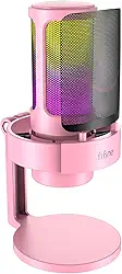 FIFINE streaming USB Microfone para jogos, mic condensador de computador para vídeo, YouTube,com controle RGB, botão de ganho,conector de fone ouvido 3,5 mm,compatível com computador/PS4/PS5-A8 rosa