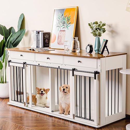 Miniatura 3 de Scurrty Mueble de jaula para perros de 72 pulgadas, muebles de madera para perreras con 3 cajones, soporte de TV para interiores con puertas dobles