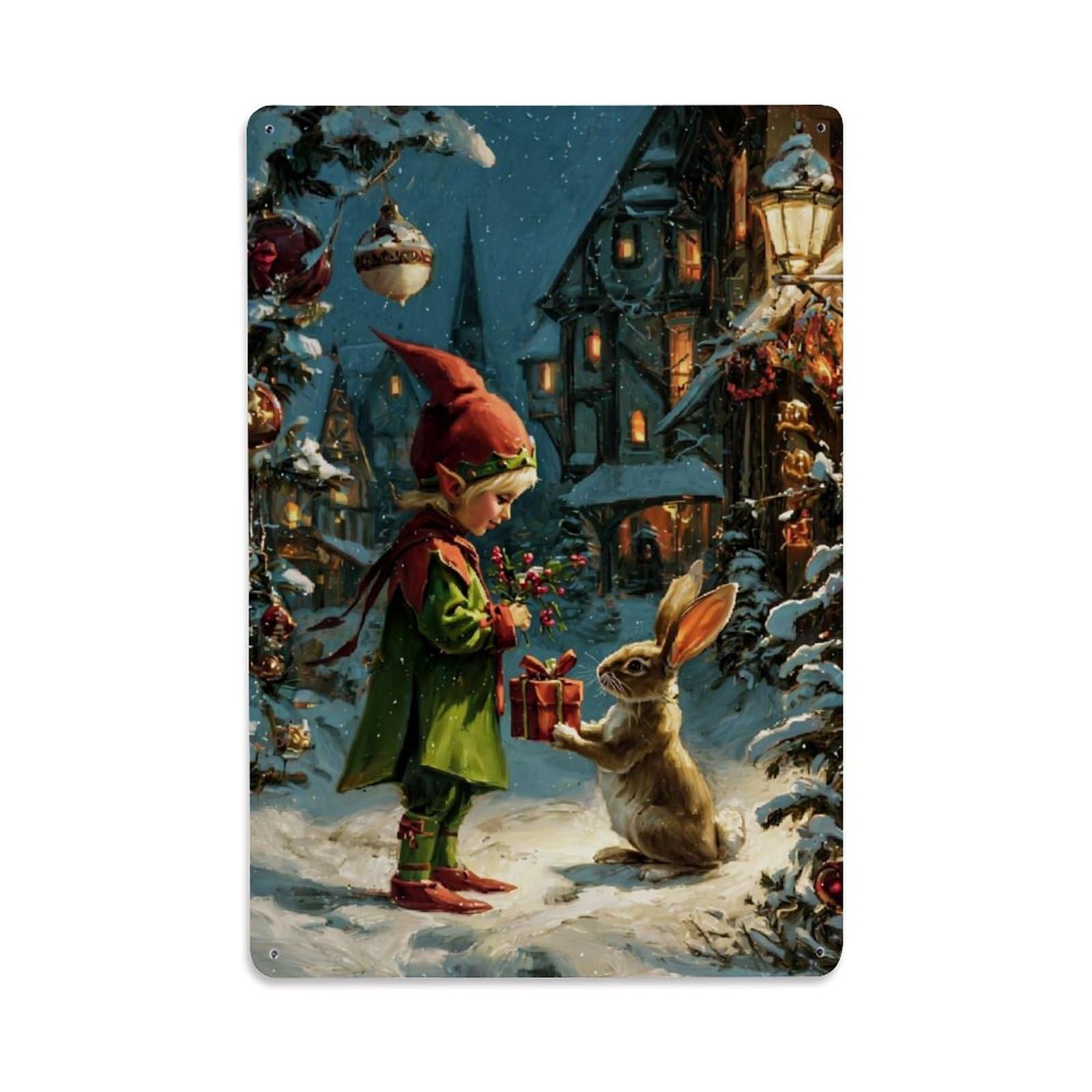 Jdyaojiesheng Vintage Christmas Elf Rabbit Gift Snow Tin Sign Retro Metal Wall Decor Metal Poster, Home Bar Garage Farmhouse Cafe Wall Art Decoration 8X12inches