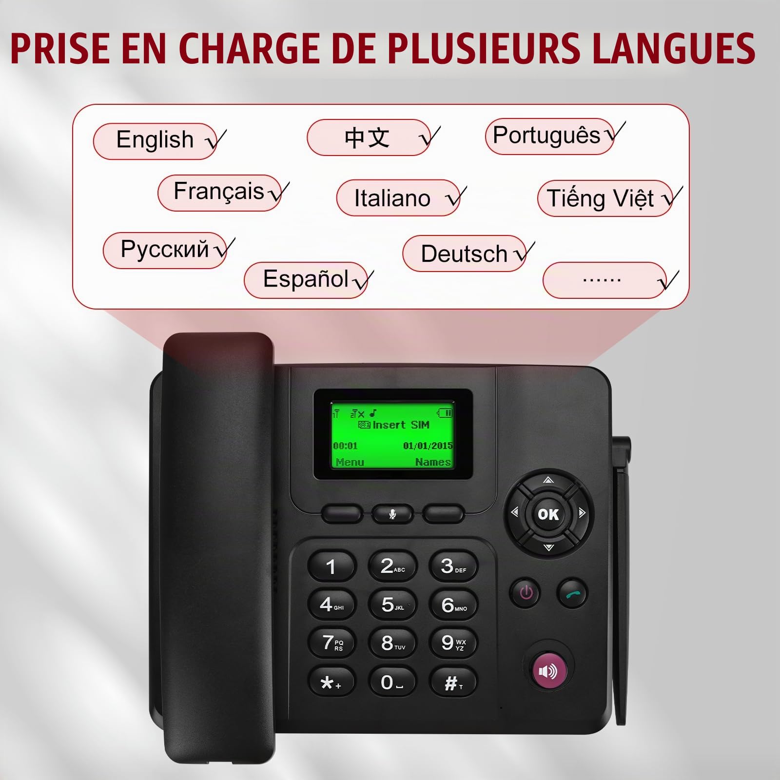 Téléphone Fixe sans Fil Lychee 2, 3, 4G – Double SIM, multilingue (y Compris l'allemand), Grand écran rétroéclairé, téléphone de Bureau pour Une Utilisation au Bureau/à l'hôtel/à la Maison