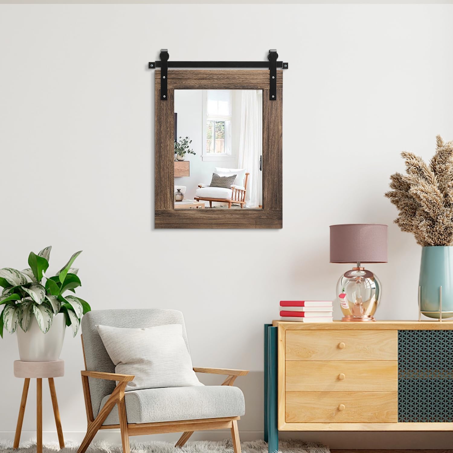 AAZZKANG Rustic Wood Mirror Rectangle Decorative Wall Mirrors Large with Frame for Bedroom Living Room Bathroom Entryway Hanging 20"x16"
