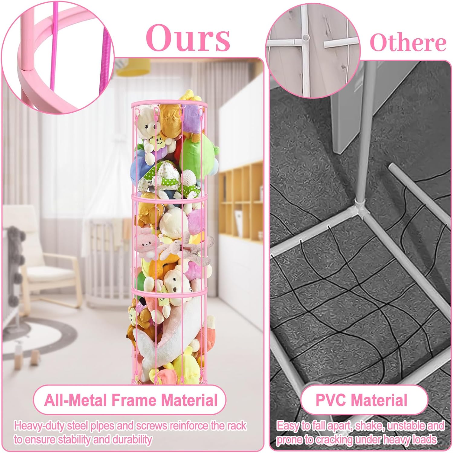 Stuffed Animal Storage with Wheels, 3 Layer Tall Vertical Metal Toy Organizer with Elastic Cords, Zoo Toy Holder Wall Mount, kids Plushies Box for Nursery, Toddler Rooms, Playroom, Bedroom Decor(Pink)