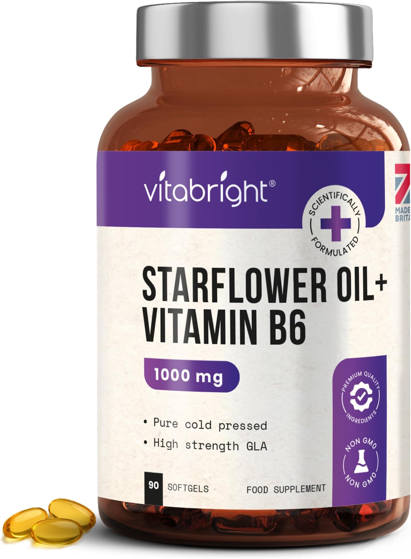 Starflower Oil Capsules 1000mg | 3 Months High GLA Borage with Vitamin B6 | Cold Pressed Star Flower Oil Softgels | Vitabright Starflower Supplement High Strength