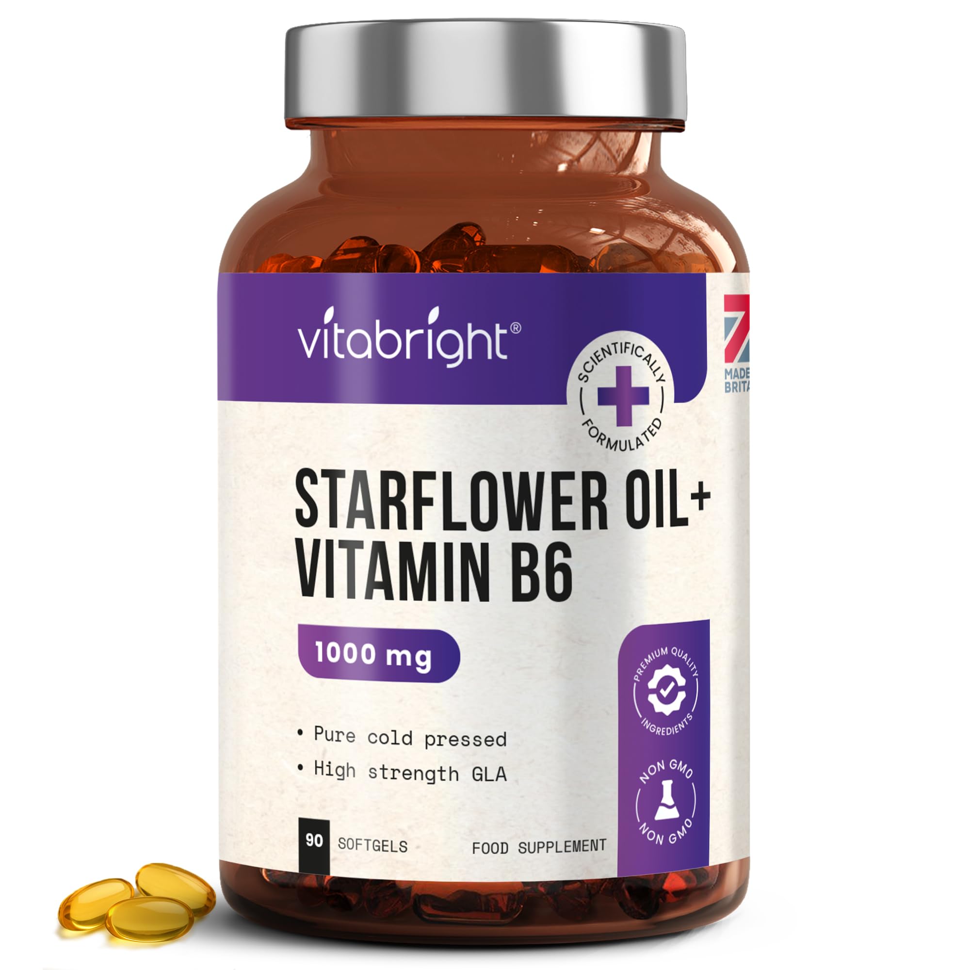 Starflower Oil Capsules 1000mg | 3 Months High GLA Borage with Vitamin B6 | Cold Pressed Star Flower Oil 1000mg Softgels | Vitabright Starflower Supplement High Strength