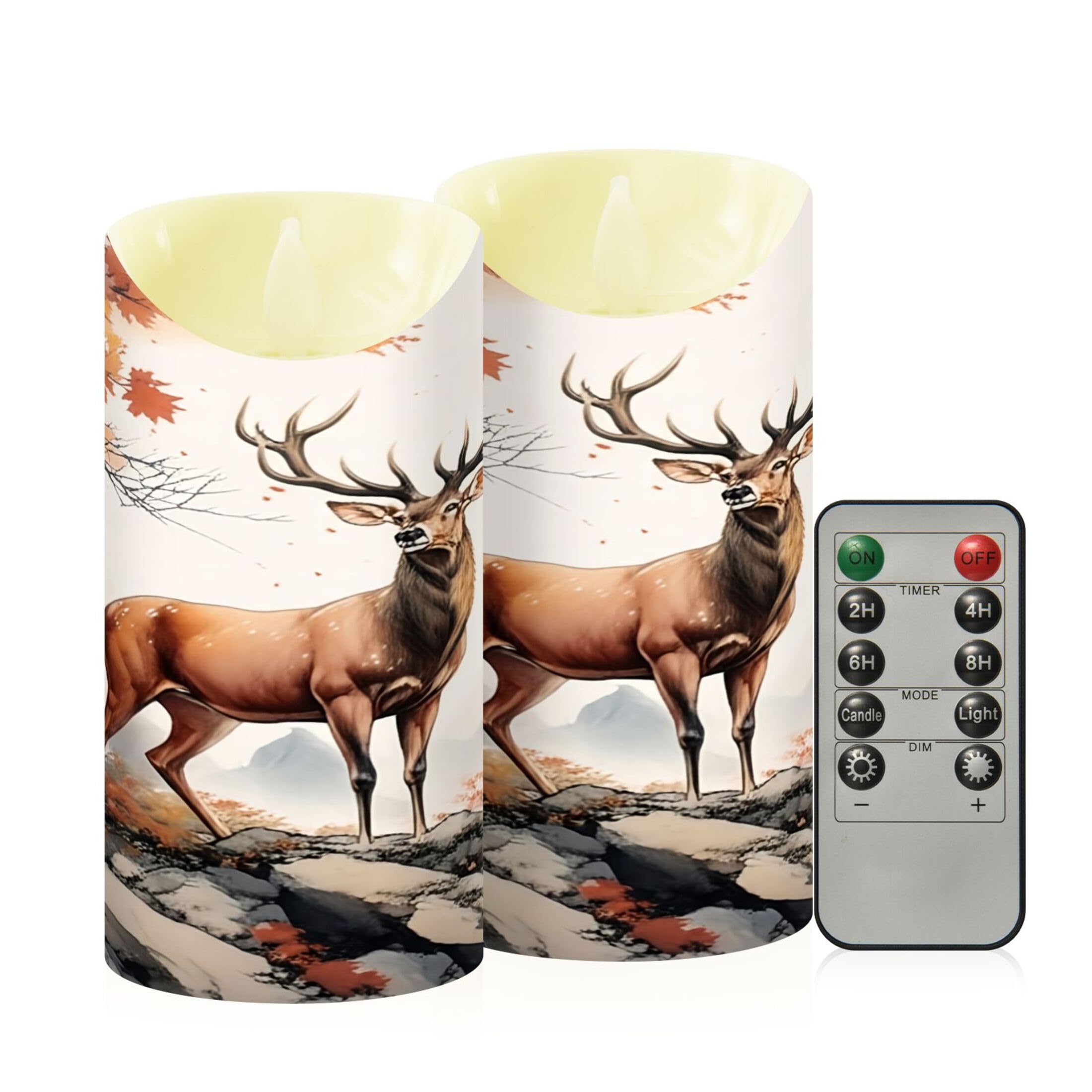 Kutsu Fall Reindeer Flameless Candles Set of 2, Battery Operated LED Flickering Candles with Remote and Timer, Plastic Pillar Candles for Home Wedding Decor