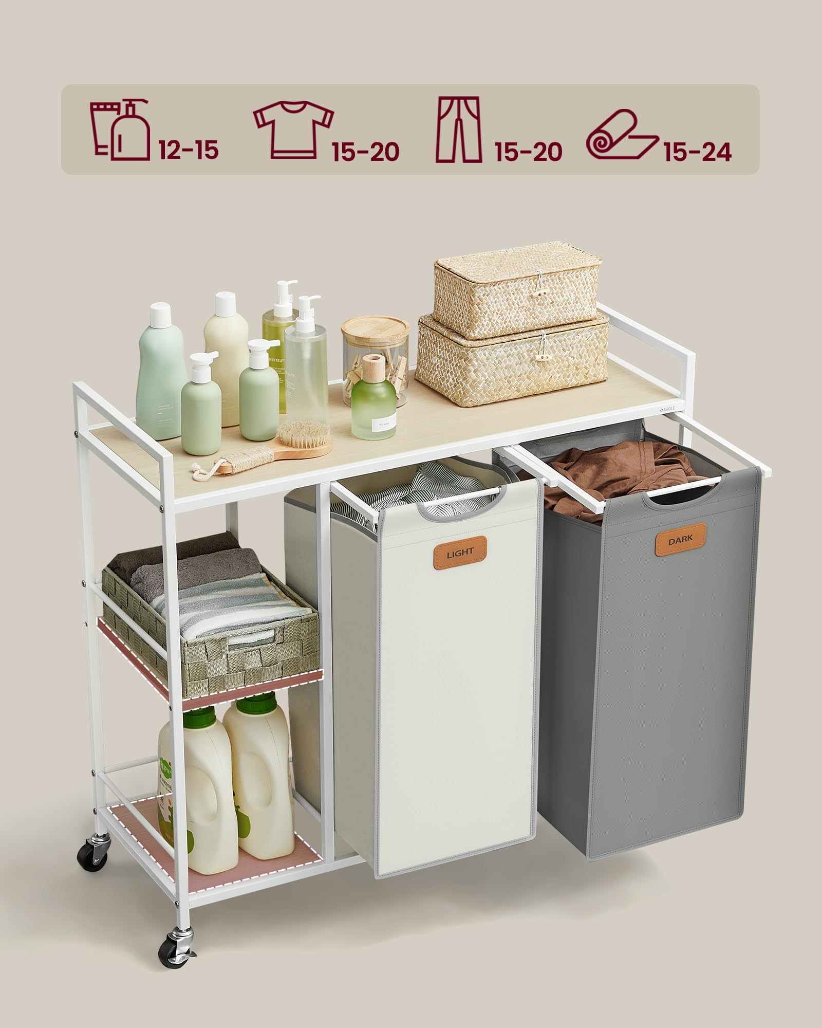 Wasmand – 2 compartimenten – Naturel beige/Duifgrijs/Crèmewit