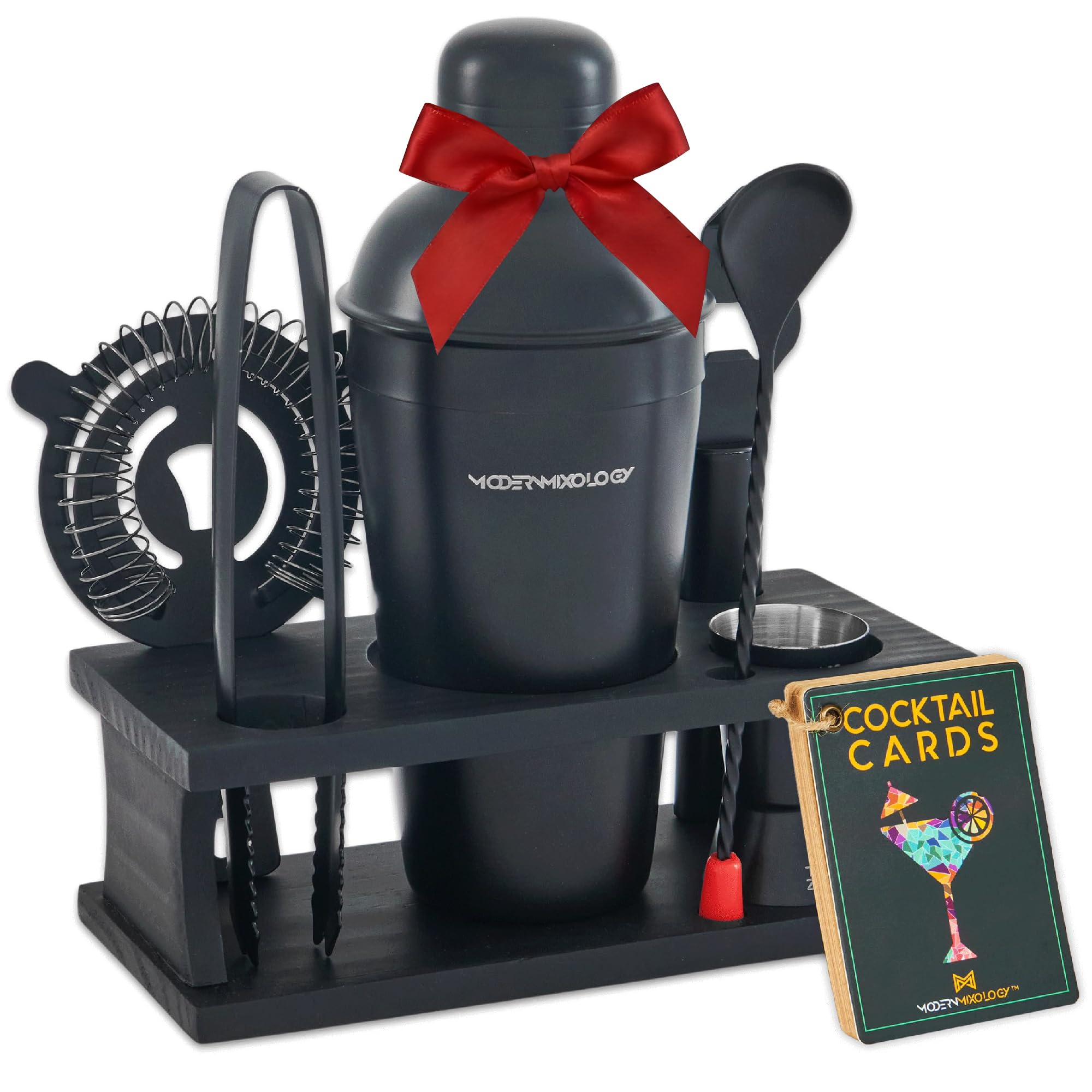 Modern Mixology Cocktail Shaker Set - 8 Piece Bartender Kit on Quality Pine Stand | Complete Cocktail Kit Gift Set | Top Bartender Gifts for Men | Leak Proof Design (Black)