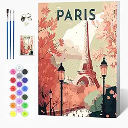 Auremi Kits de pintura por números Paris com moldura, pintura de torre DIY por tela numérica para adultos, acrílico fácil em tela com pincéis para decoração 20 x 30 cm