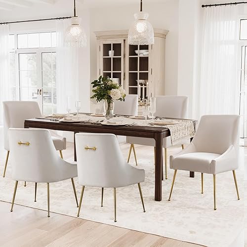 Miniatura 8 de Mid-Century - Juego de 2 sillas de comedor modernas de terciopelo, sillas decorativas tapizadas con mango dorado y patas de metal pulido para