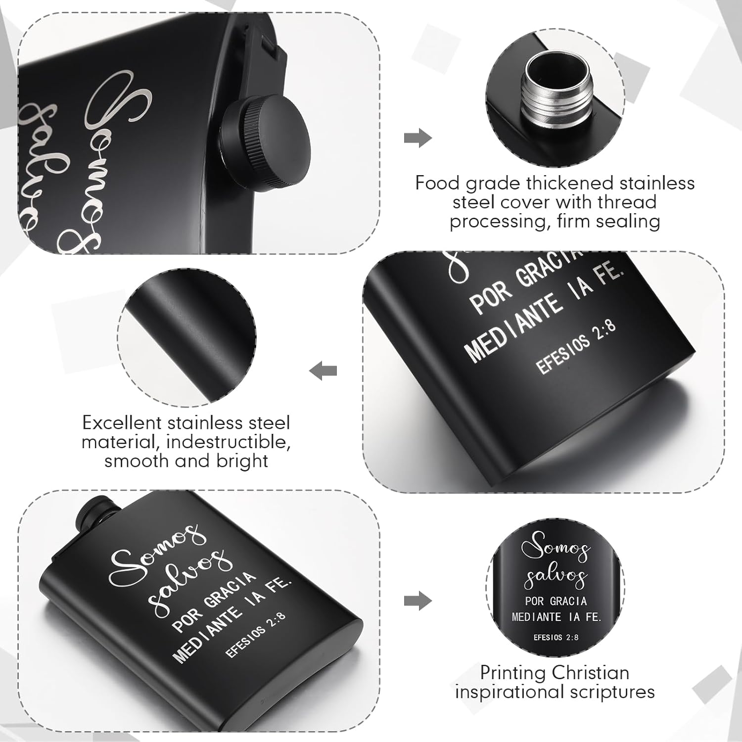 Chengu 12 Pcs Christian Gifts for Men 8oz Hip Flask for Liquor Bible Black Stainless Steel Flasks with Funnels, Leakproof, Inspirational Religious Gift Flask for Christmas Men(Spanish)