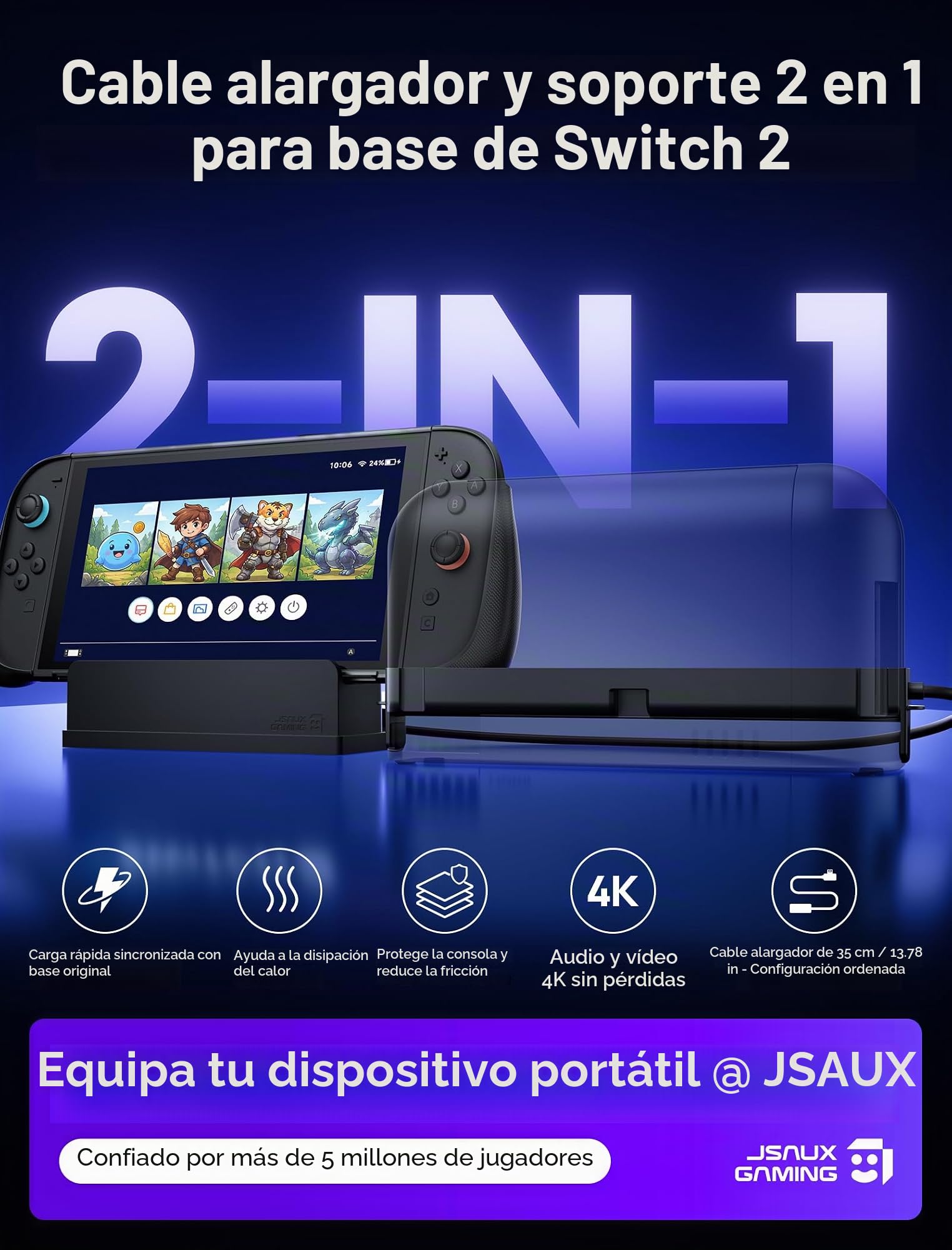JSAUX Cable Extensor con Soporte para Dock de Switch 2, Extensión USB C de 35 cm, Carga Rápida y Datos 10 Gbps, Salida de Video 4K a 60 Hz, Función Dock 1:1, Ventilación Pasiva, para Fundas Gruesas