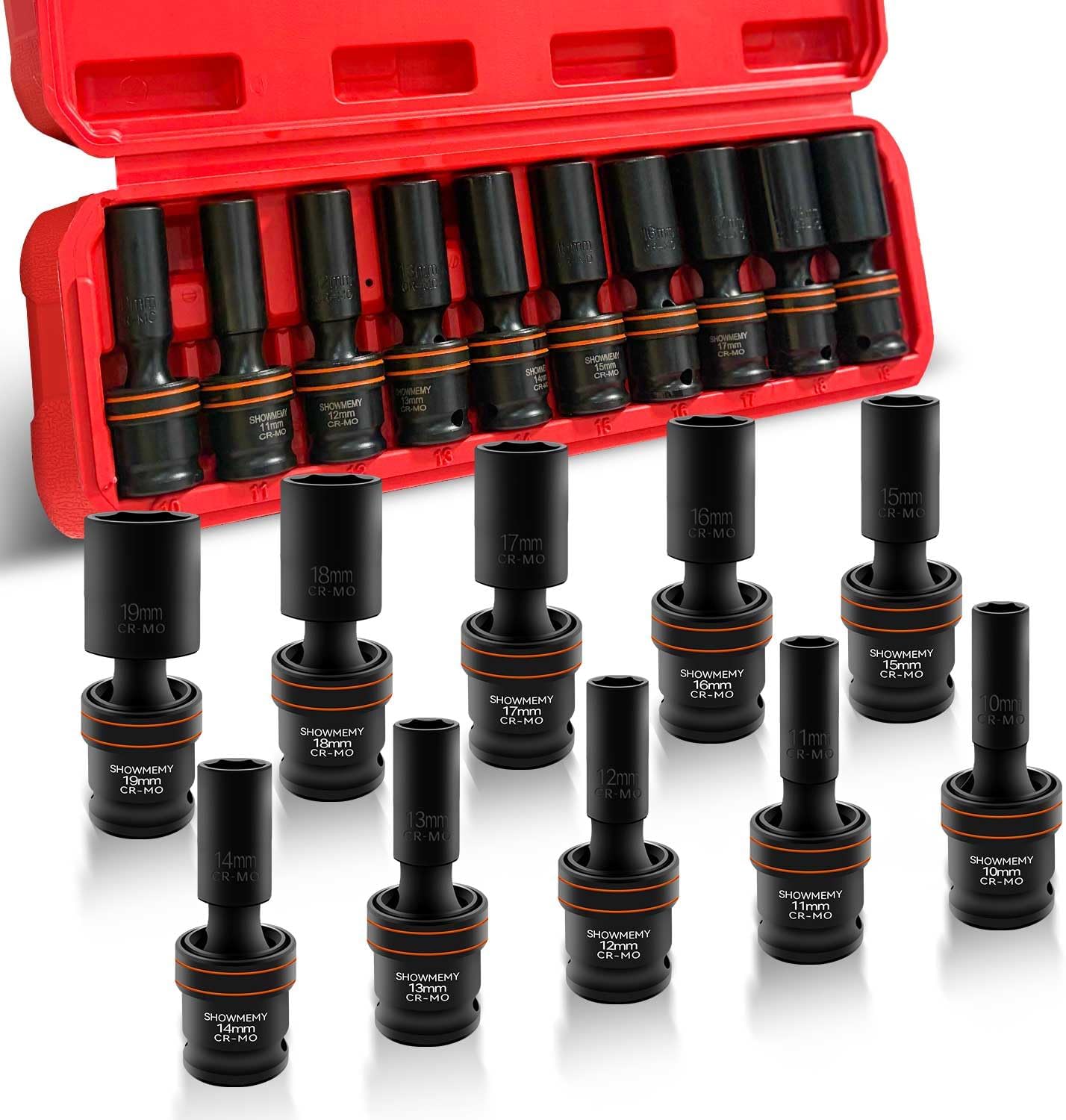 Drive Impact Universal Joint Socket Set, 6 Points, Deep Swivel Socket Set, Cr-Mo Steel. Heavy Duty Storage Case (Metric 3/8(Deep 10Pcs)