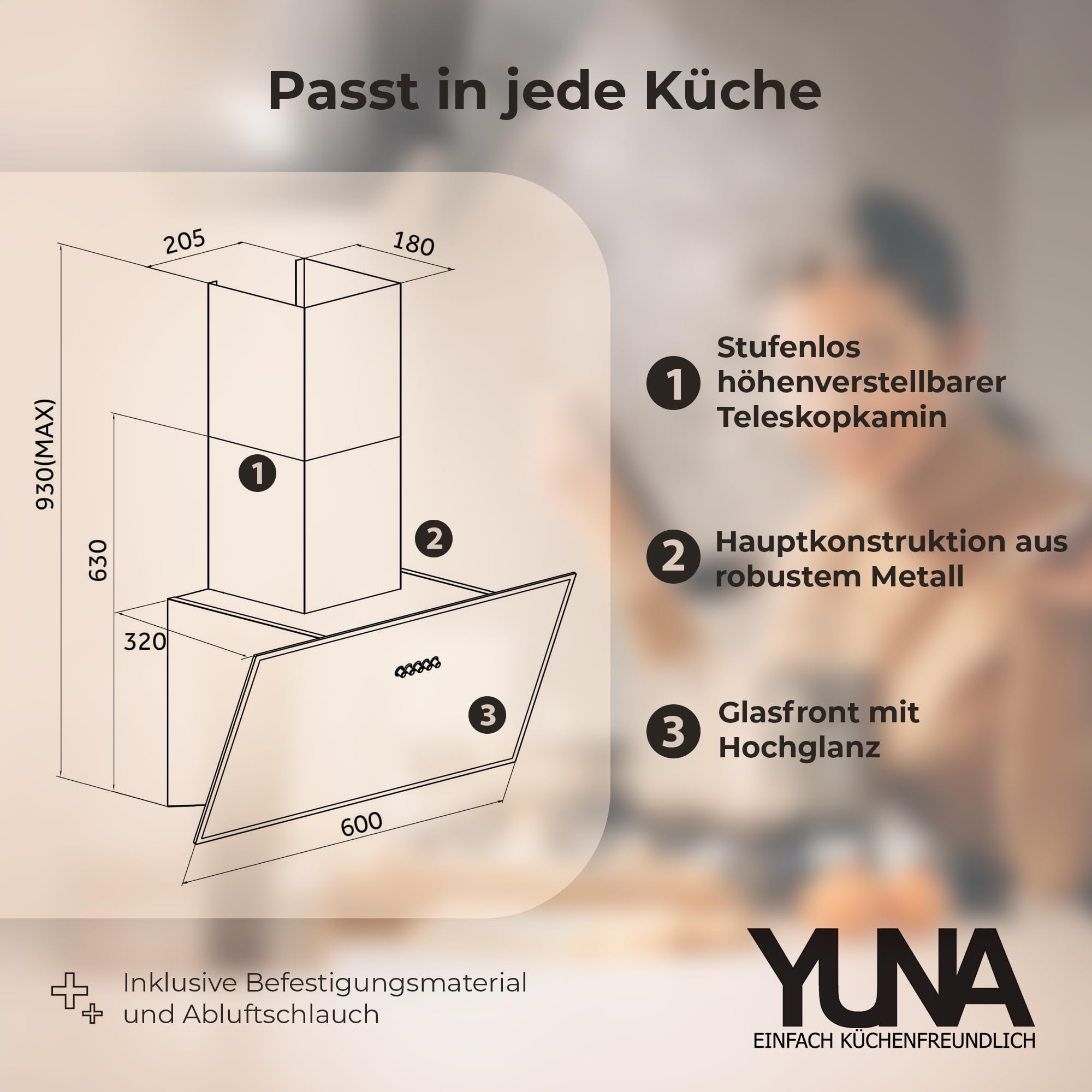 YUNA Dunstabzugshaube DUNJA 60 cm Schwarz Glasfront 3 Leistungsstufen 47W Motorleistung Energieeffizienz A Abluft Umluft Kopffrei LED Beleuchtung Ohne Kohlefilter Wandhaube