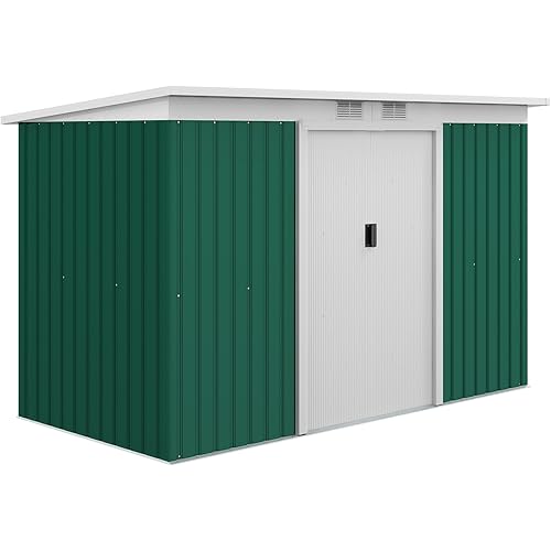 Outsunny 9' x 4' Outdoor Storage Shed, Metal Garden Tool House with Sloping Roof and Lockable Door for Backyard, Bike, Patio, Garage, Lawn, Green