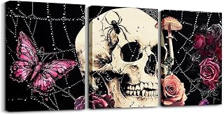 Feelyou Boys Girls Aesthetic Skull Bathroom Wall Art for Home Decor Cobweb Wall Painting Kids Pink Rose Butterfly Picture Wall Decor Halloween Canvas Wall Art for Living Room Bedroom 12x16 inch 3 PCS