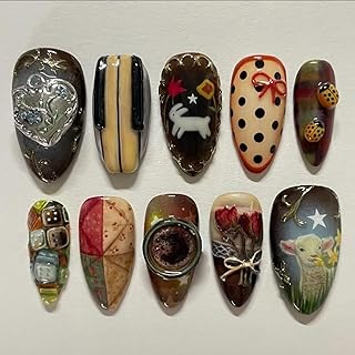 IMRAIN Press on Nails Medium Almond Fake Nails with Rose, Lamb Designs Glue on Nails Acrylic Glossy Full Cover False Nails for Women