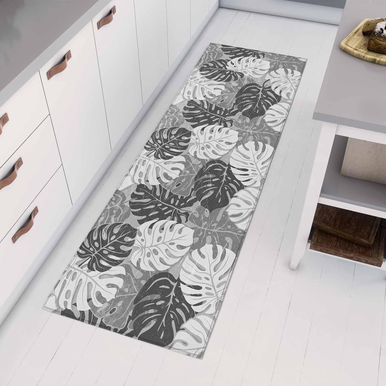 Kitchen Mats for Floor Modern Grey Monstera Summer Leaf Washable Non Slip Kitchen Rugs 1PCS, Abstract Country Botanical Absorbent Standing Mats for Sink Bathroom Office Living Room 15.7x47.2in
