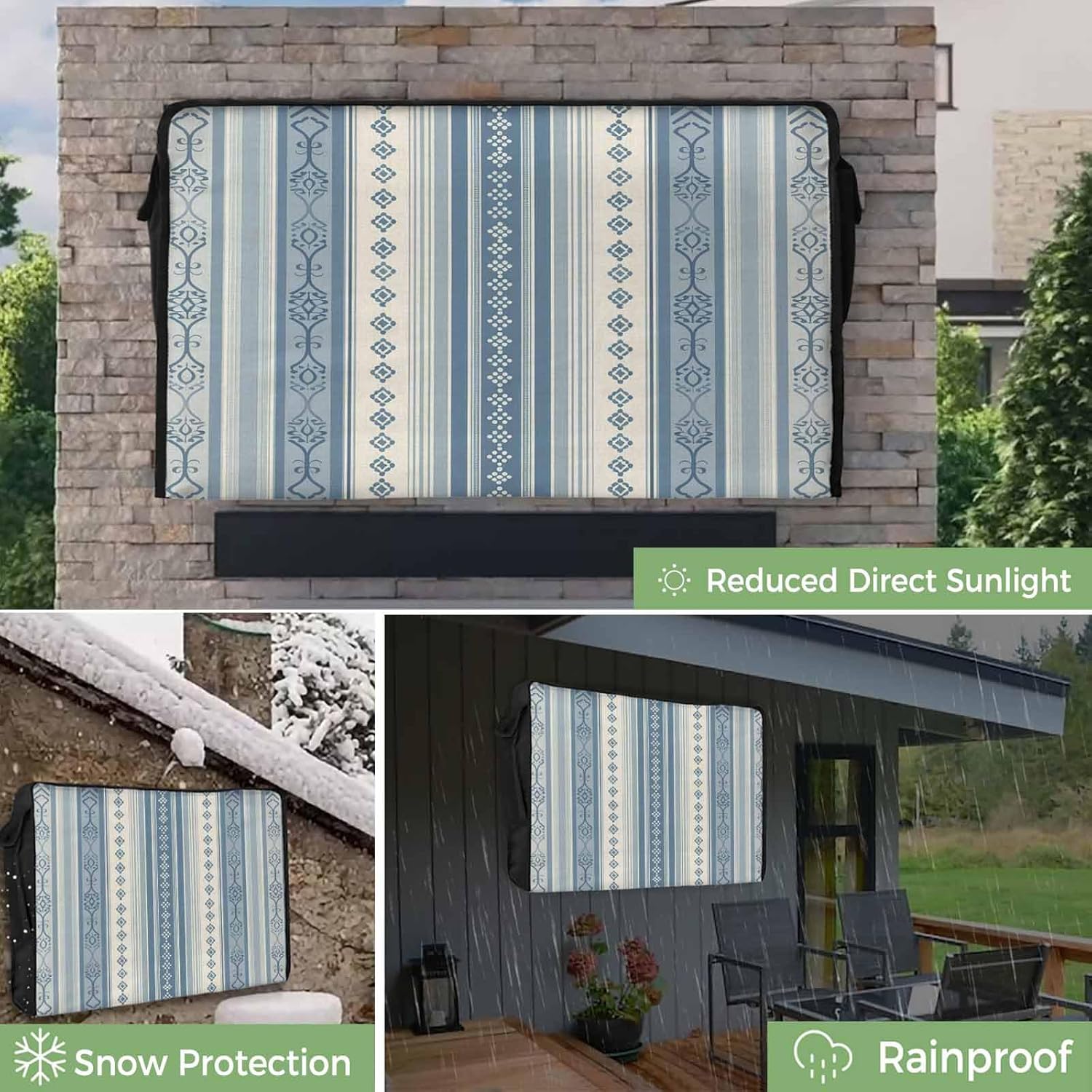 Outdoor TV Cover 55 Inch Abstract Striped TV Enclosure Blue Diamond PatternTexture TV Covers for Outside TV Display Screen Protector with Remote Control Pocket Home Decor