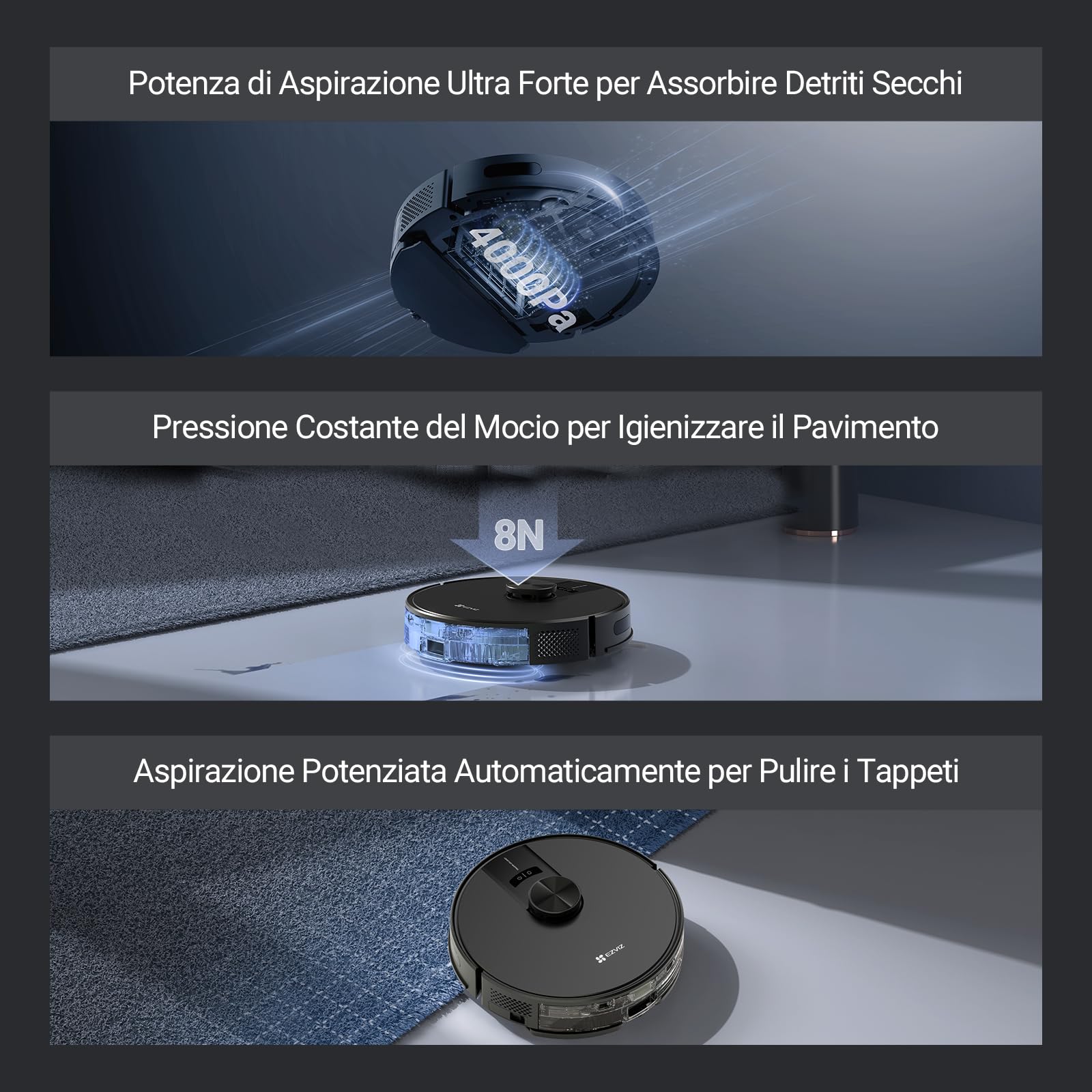 EZVIZ RE4 Robot Aspirapolvere Lavapavimenti, Navigazione LiDAR Rilevamento Ostacoli, Aspirazione 4000Pa, Rilevamento Tappeti/Cadute, Serbatoio Acqua 300 ml, Autonomia 180 min, WiFi/APP/Alexa