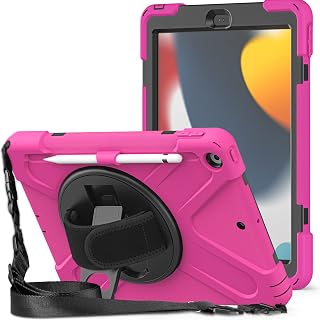 KIQ Shield Series Heavy Duty Case for iPad 9th Generation 10.2 Inch 2021 w/Pencil Holder Shoulder Carrying Strap for Apple iPad Case 7th Gen 8th Gen 10.2 2019 2020 2021 (Hot Pink)