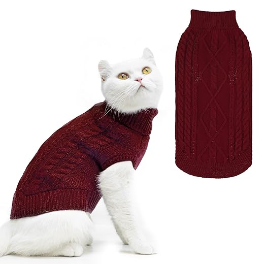 PUPTECK Winter Cat Sweater Coat - Soft Warm Cold Weather Clothes Knitwear for Kittens & Small Dogs Indoor Outdoor Wearing, Knitted Classic for Doggies Kitties Girls Boys, Red, S