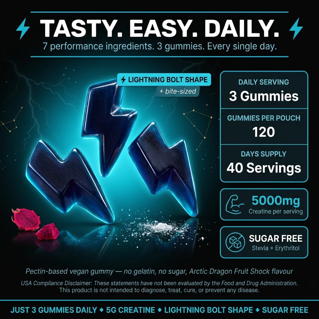 Creatine Gummies with BCAA & Electrolytes, Sugar Free, Arctic Dragon Fruit Flavor, 5G per Serving, 120 Count, Dietary Supplement