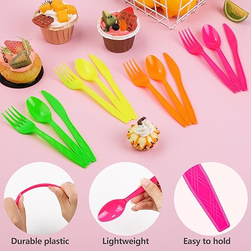 Miniatura 3 de Juego de cubiertos de plástico de 300 piezas de neón para fiestas, juegos de cubiertos desechables de colores, incluye 100 tenedores de neón para