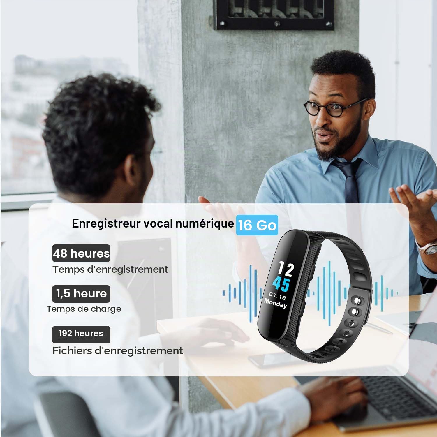 Enregistreur vocal Bracelet 16 Go Enregistreur vocal professionnel avec activation vocale et lecteur MP3 horloge avec enregistreur vocal rechargeable USB pour réunions interviews leçons
